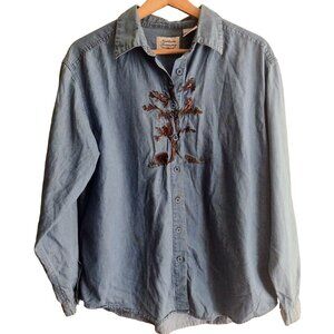 Vtg Forest Friends Chambray Shirt M Blue Northern Treasures Owl Tree Top